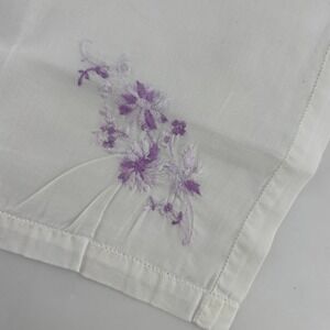 White Linen Handkerchief‎ Embroidered Purple Floral Accent